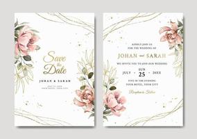 Wedding invitation template with peony and gold leaves vector