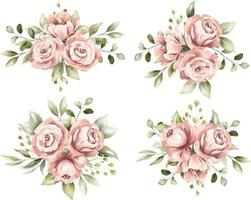 conjunto de ramos de marco floral acuarela de rosas rosadas y hojas