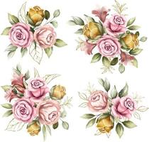 conjunto de ramos de marco floral acuarela de rosas rosadas y amarillas