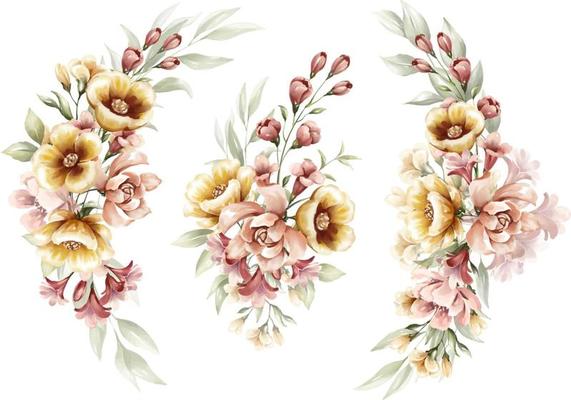 Set of watercolor floral frame bouquets of peony and yellow flowers