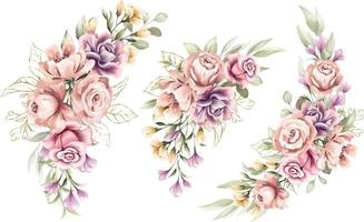 conjunto de ramos de marco floral acuarela de rosa y peonía vector