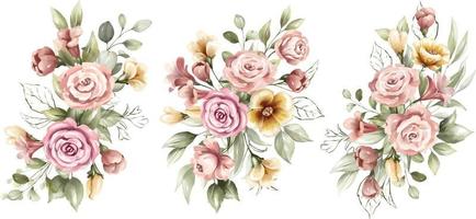 conjunto de ramos de marco floral acuarela de hermosas flores vector