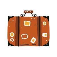 Old vintage leather suitcase with travel stickers, vector illustration isolated