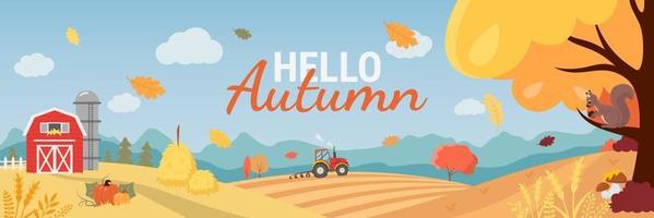 paisaje de campo otoñal con granja, tractor trabajando en el campo, cosecha, bosque colorido y texto de hola otoño