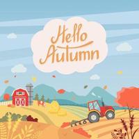 hola tarjeta de otoño con paisaje rural, granja, tractor, árboles, campos y hojas voladoras vector