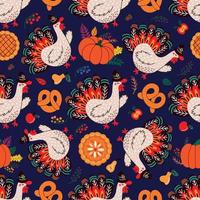 Thanksgiving turkey and fall leaves forming seamless pattern vector