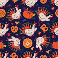 Thanksgiving turkey and fall leaves forming seamless pattern vector