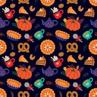 autumn pastry and drinks amidst leaves forming pattern vector