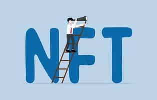 Non fungible token investment opportunity, survey NFT market for speculating, or new alternative way to increase income concept. Businessman with telescope climb up word NFT to seek opportunity. vector