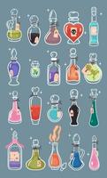 A set of glass magic bottles with liquids. Vector graphics.