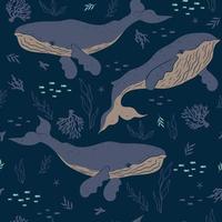 Seamless marine pattern with whales. Vector graphics.