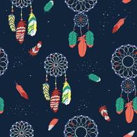 Seamless pattern with feathers and dream catchers. Vector graphics.