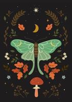 Postcard with a moth in boho style. Vector graphics.