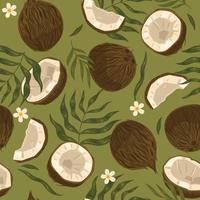 Seamless coconut pattern with leaves and flowers. Vector graphics.