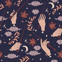 Seamless pattern with hands and magic wands. Vector graphics.