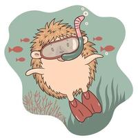 Hedgehog swims underwater in swimming goggles and fins. Vector graphics.