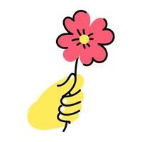 una flor de margarita en una mano, icono de garabato vector