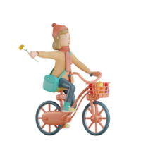 Personaje de otoño 3d montando bicicleta traer vegetales y flores 3d render png