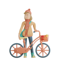 Personnage d'automne 3d tenant un vélo avec des légumes rendu 3d png