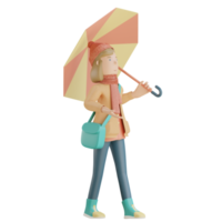 Personnage d'automne 3d tenant un parapluie rendu 3d png