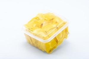 Favorite snack in Thailand. Dried durian in the transparent box. photo