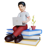 Ilustración de personajes en 3d que trabaja con una computadora portátil sentada en un libro png
