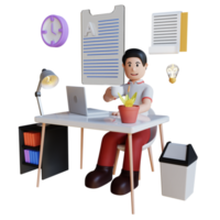 Ilustración de personaje de hombre de negocios 3d que trabaja con una computadora portátil en la oficina png