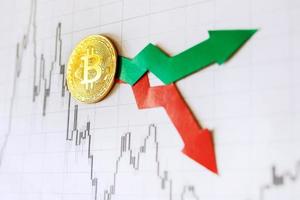 fluctuaciones y pronóstico de tipos de cambio de dinero virtual bitcoin. flechas rojas y verdes con escalera de bitcoin dorada en el fondo del gráfico de forex de papel. concepto de criptomoneda. foto