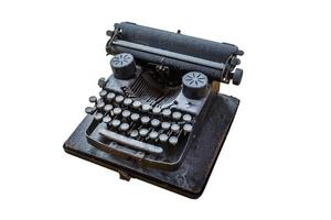 old vintage dust-covered typewriter with sheet of paper isolated on white background photo