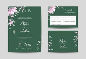 elegante tarjeta de invitación de boda de acuarela de vegetación oscura y plantilla de rsvp vector