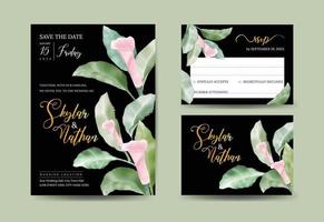 elegantes plantillas de tarjetas de invitación de boda de follaje de acuarela de lirio negro y rsvp vector