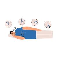 Sleep phase delay syndrome concept. The man is sleeping. Vector illustration is drawn by hand.