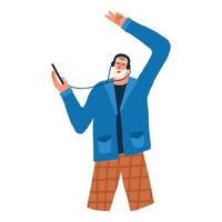 An elderly man is dancing and listening to music with headphones. Vector illustration in hand drawing style