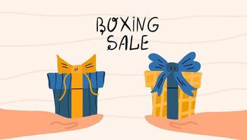 banner promocional con cajas para el día de venta de diciembre. ilustración vectorial dibujada a mano. vector