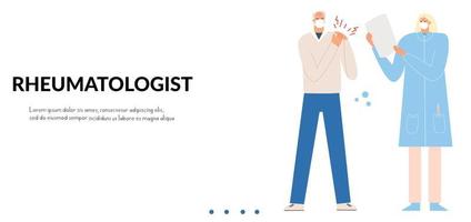 Landing page with an elderly man with a sore shoulder joint and a woman doctor in a medical mask. Clinic banner. Online consultation. Vector illustration in flat style