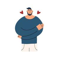 The young man hugs himself. Self-love concept. Vector illustration in flat style