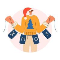 personaje masculino con la inscripción navidad en sus manos. ilustración vectorial en un estilo plano. vector