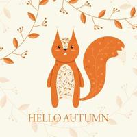 Cute Red Squirrel with an Ornament on the Belly and Tail Greeting Card Hello Autumn vector