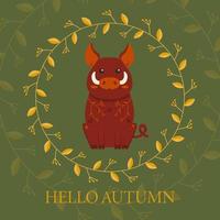 Cartoon Wild Boar with an Ornament on the Body Hello Autumn vector