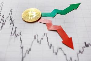 fluctuations  and forecasting of exchange rates of virtual money bitcoin. Red and green arrows with golden Bitcoin ladder on paper forex chart background. Cryptocurrency concept. photo