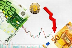 unprofitable investment of depreciation of virtual money bitcoin. Green red arrow, silver bitcoin and euro go down on paper forex chart index background. Concept of depreciation of cryptocurrency. photo