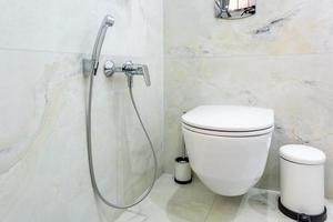 toilet and detail of a corner shower cabin with wall mount shower attachment photo