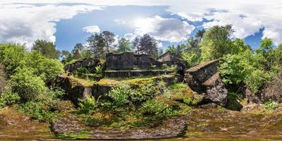 full seamless panorama 360 by 180 angle view ruined abandoned military fortress of the First World War in forest in equirectangular spherical projection, skybox VR content photo