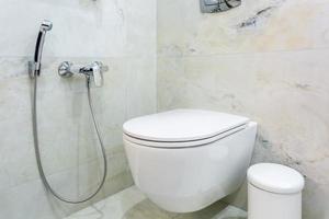 toilet and detail of a corner shower bidet with wall mount shower attachment photo