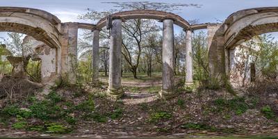 full spherical hdri panorama 360 degrees angle view inside stone abandoned ruined palace building with columns in equirectangular projection, VR AR virtual reality content photo