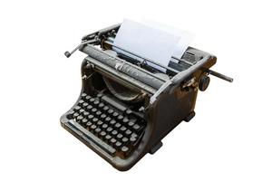 old vintage dust-covered typewriter with sheet of paper isolated on white background photo