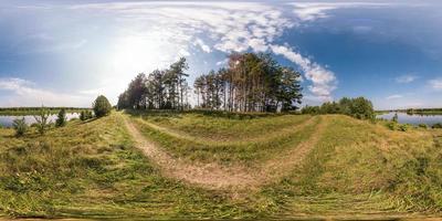 full seamless spherical panorama 360 by 180 angle view on the shore of width river neman in sunny summer day in equirectangular projection, ready VR virtual reality content photo