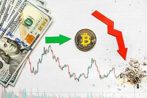 unprofitable investment of depreciation of virtual money bitcoin. Green red arrow, silver bitcoin and dollars go down on forex paper. Money turned to ash.  Concept of depreciation of cryptocurrency. photo