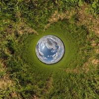 blue sphere little planet inside green grass round frame background. photo