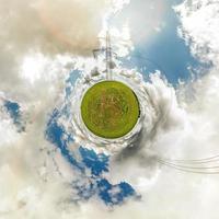 Little tiny planet. Spherical aerial 360 view panorama near high voltage electric pylon towers in field with beautiful clouds photo